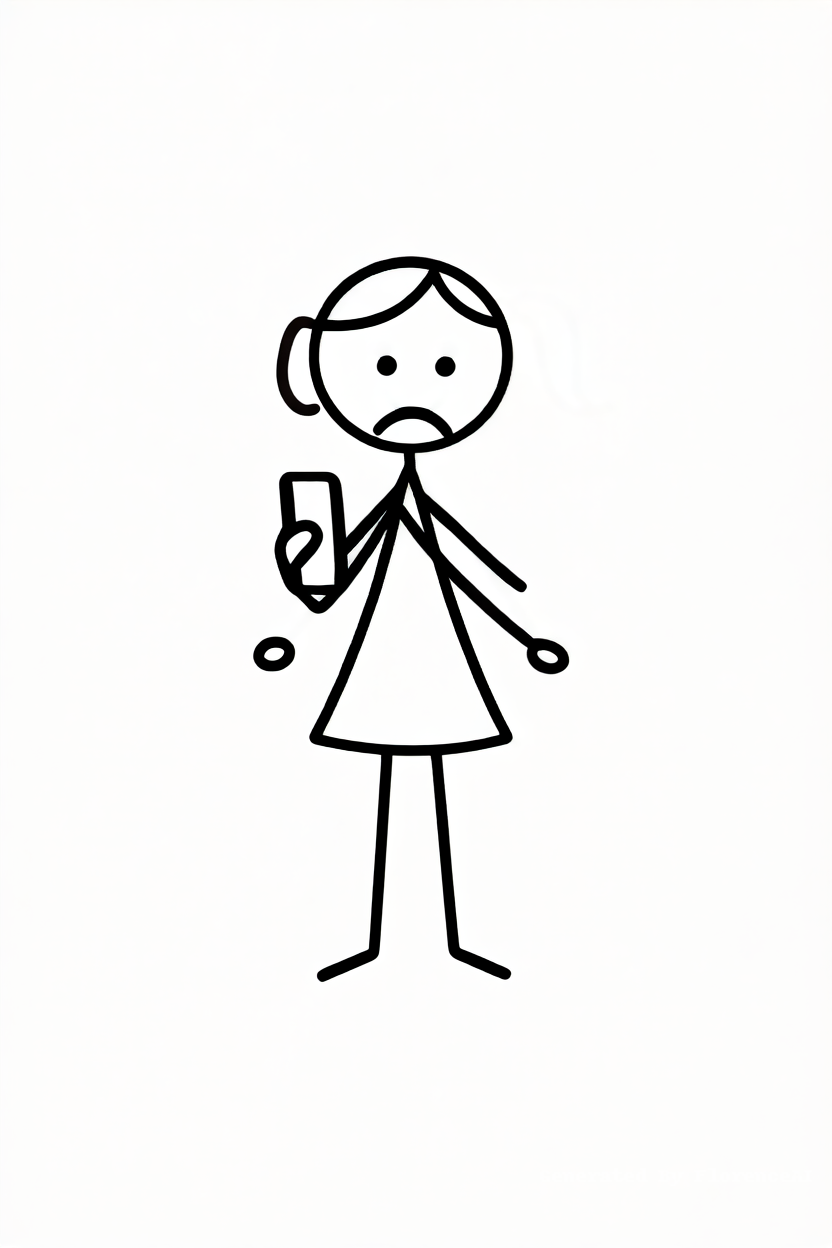 Female stick-figure sharing phone screen with anot