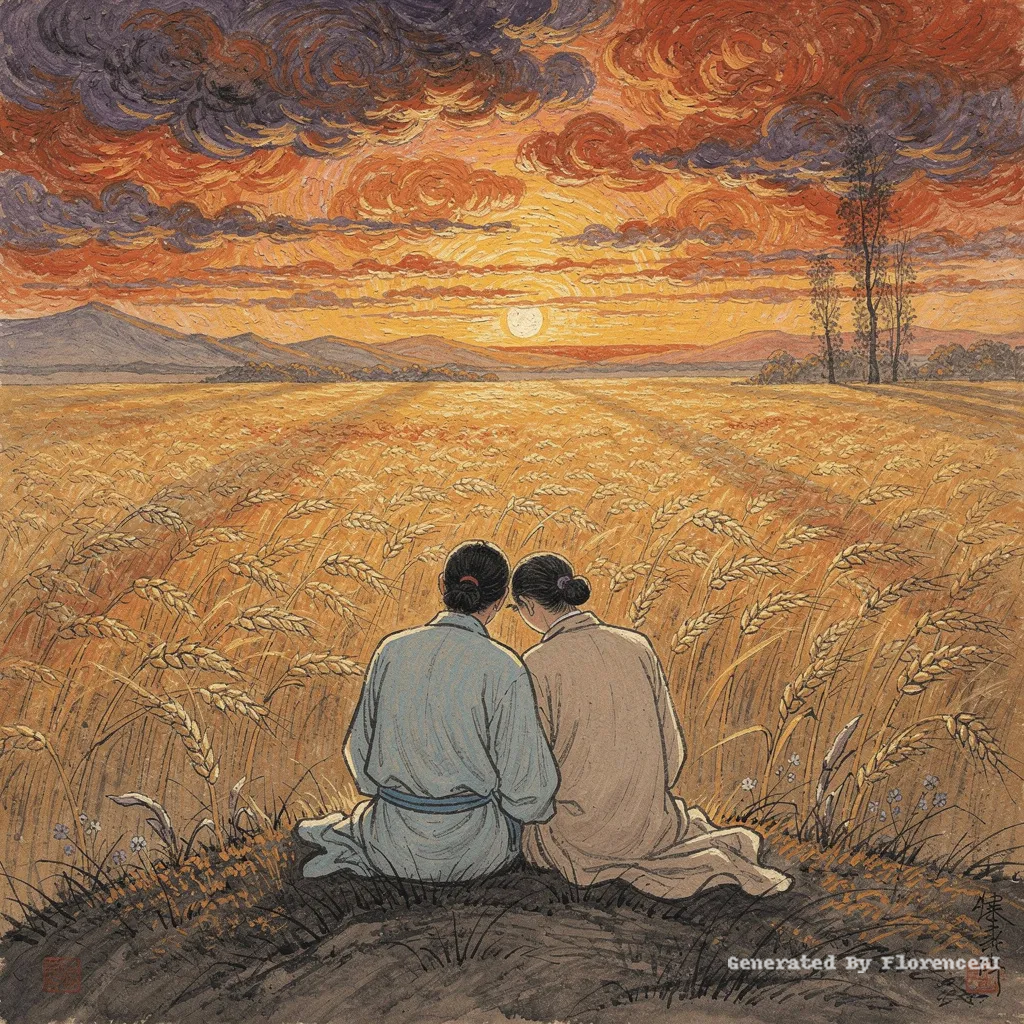类似  梵高《夕阳下的麦田》，两人并肩静坐，余晖满天。中国风