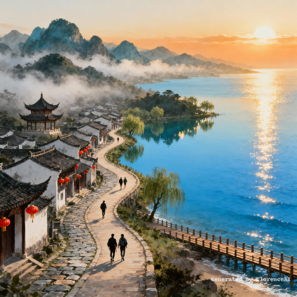 一幅展现大好河山的风景画，一条蜿蜒的步行道延伸到远方，沿途经过不同地形——云雾缭绕的山峦、古镇小巷、