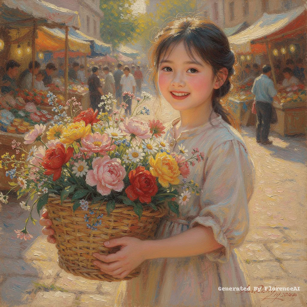 类似雷诺阿《卖花姑娘》，满篮鲜花，笑靥如春。