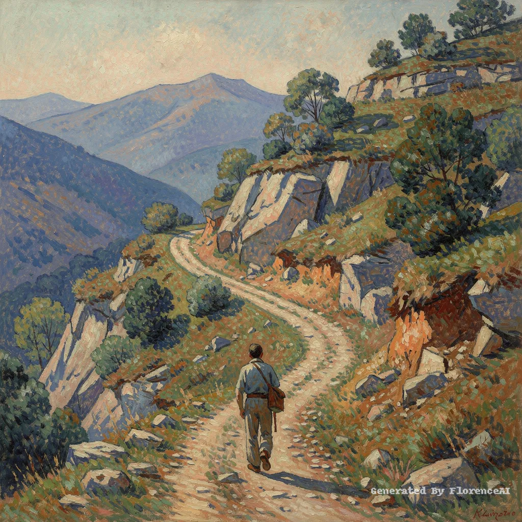 类似塞尚《山径》，一人独行山路，背影坚定。