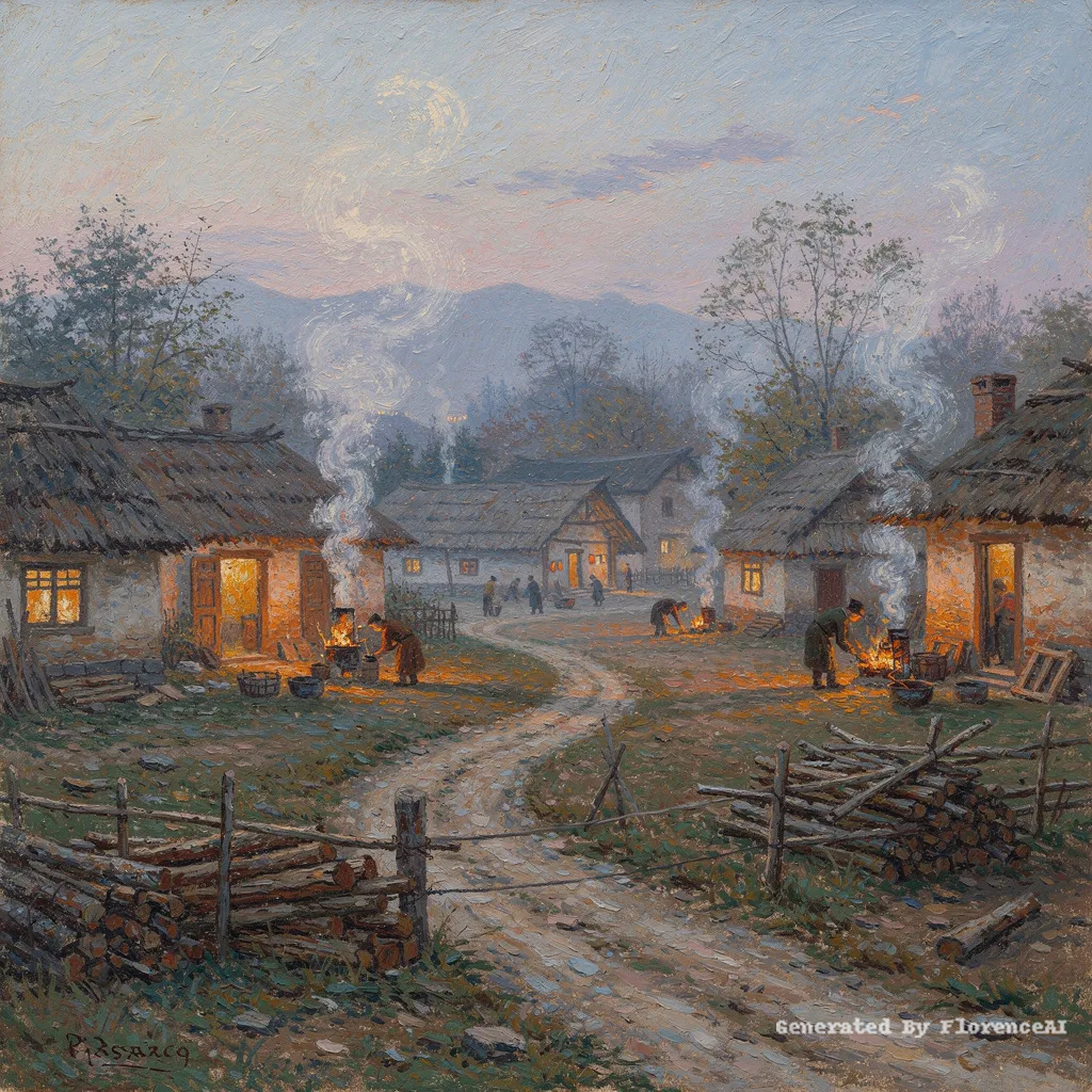 类似毕沙罗《村落炊烟》，茅屋炊烟袅袅，暖意融融。