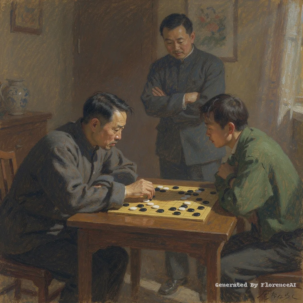 类似  德加《棋局》，二人对弈，观者凝神，光影朦胧。中国人，围棋