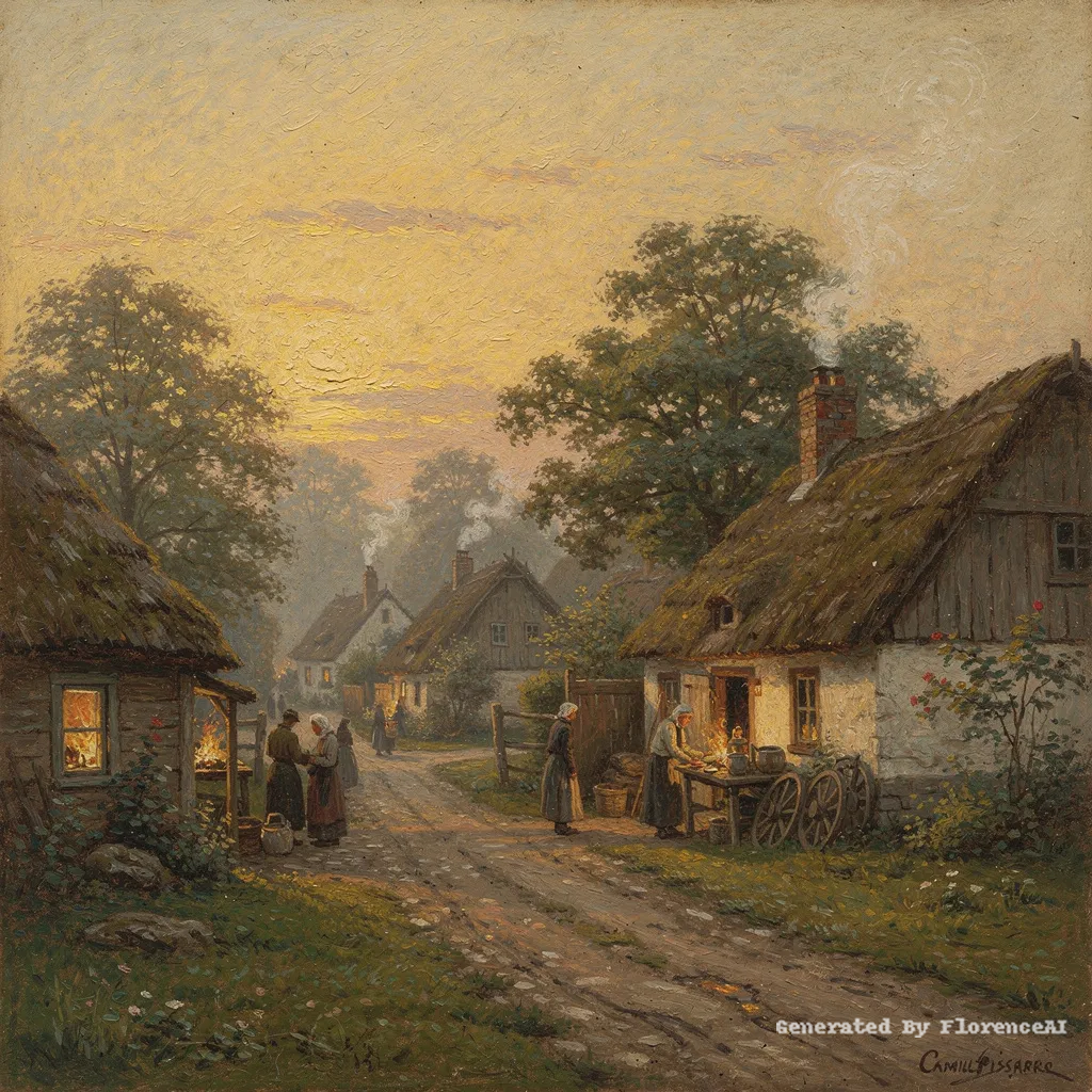 类似毕沙罗《村落炊烟》，茅屋炊烟袅袅，暖意融融。