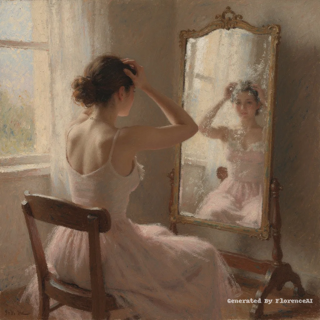 类似德加《梳妆女子》，镜中身影朦胧，似真似幻。