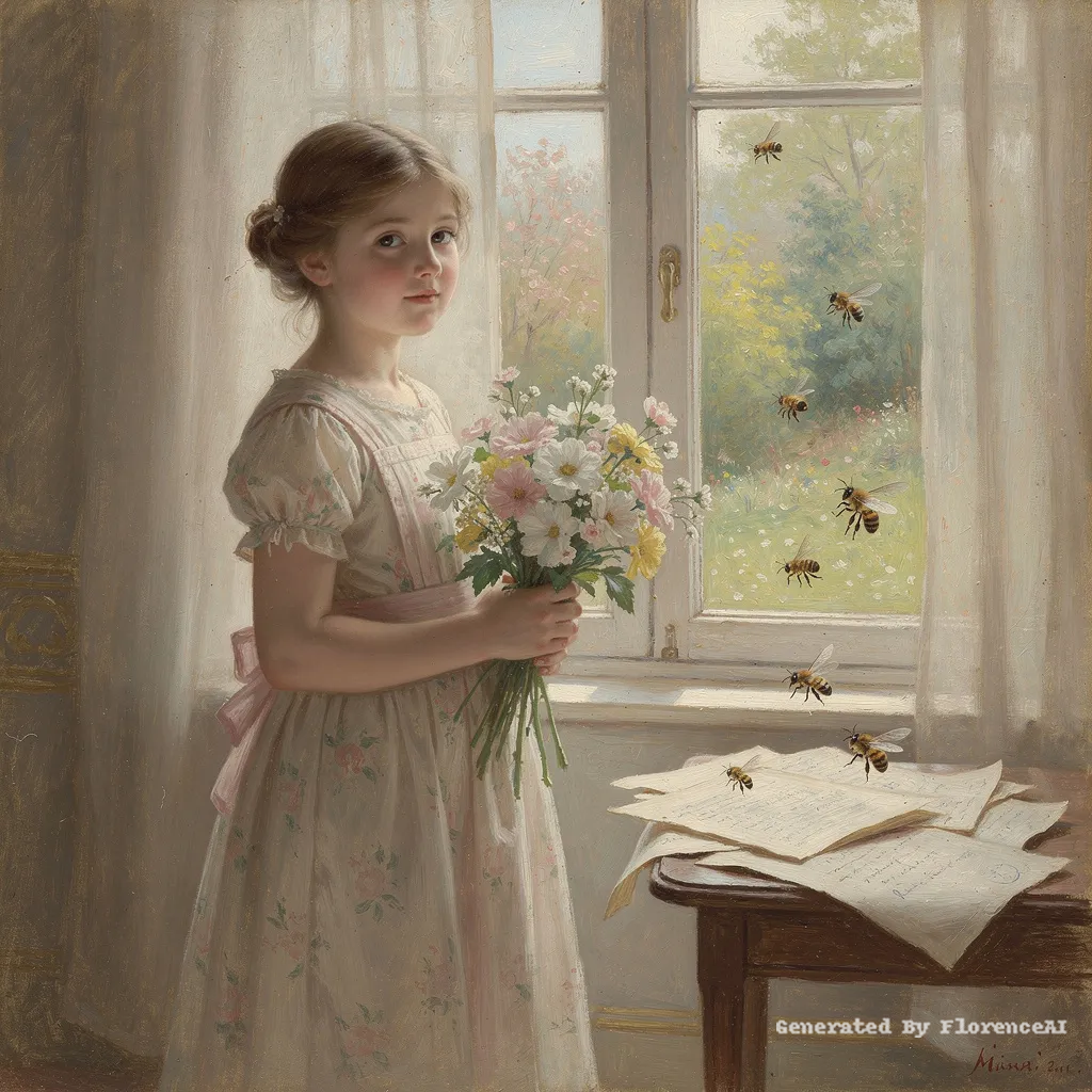 类似马奈《春天》，少女执花立于窗前，蜂舞纸畔。