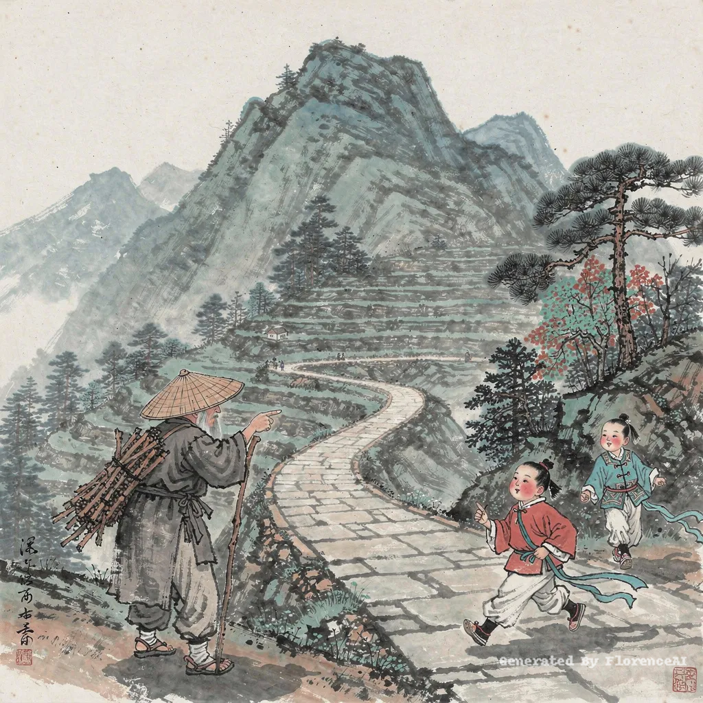 类似  塞尚《圣维克多山》，樵夫指路，孩童奔跑山径。中国风