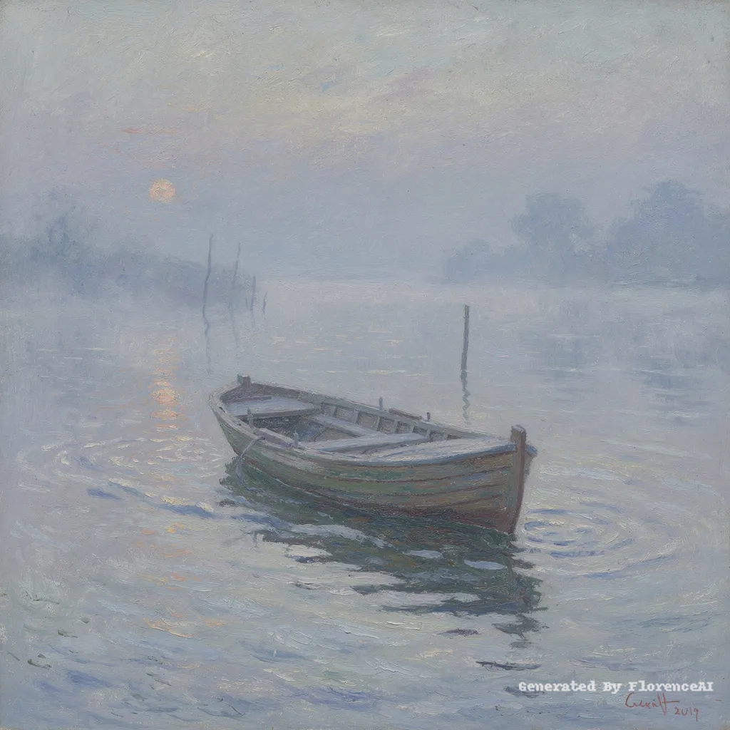 类似莫奈《雾中的小船》，晨雾朦胧，左舷一抹微光。