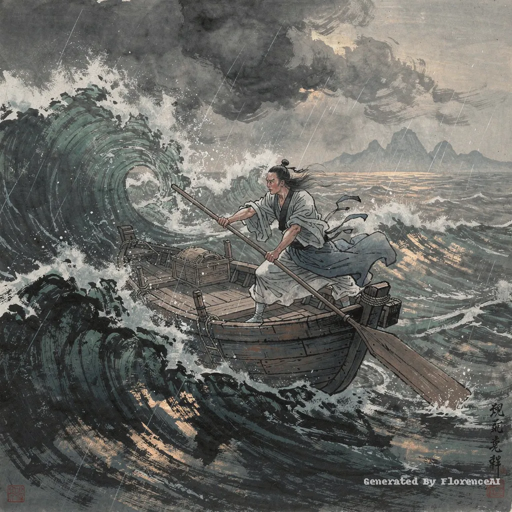 类似 莫奈《风暴中的小船》，浪涛汹涌，一人奋力划桨。中国风