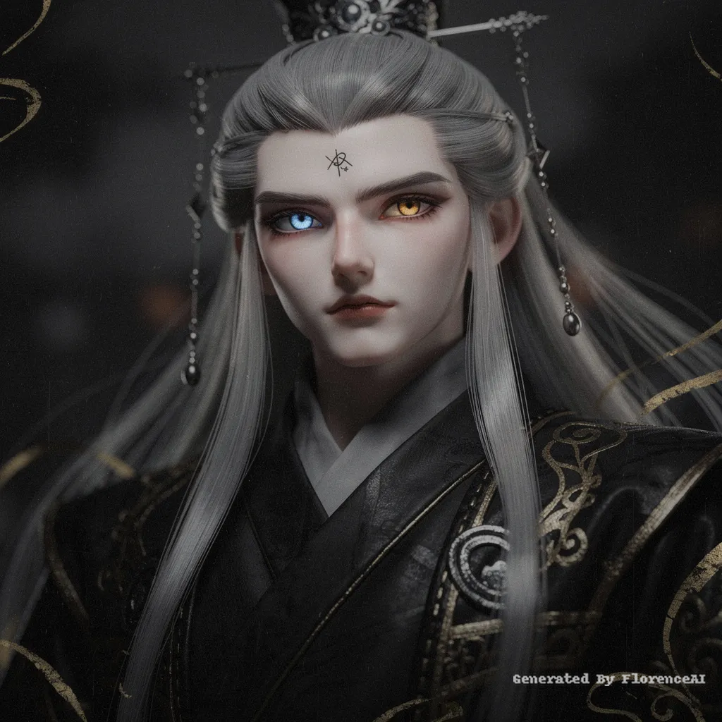 画面采用CG厚涂的视觉风格，呈现出一位三维立体的BJD男性古风角色，属于阴郁系且以
黑色系为主调。角