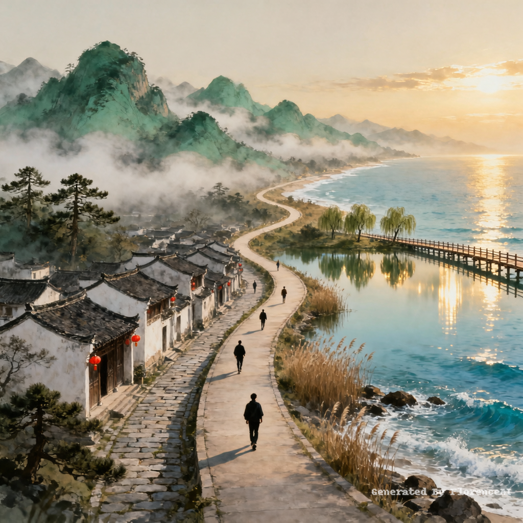 一幅展现大好河山的风景画，一条蜿蜒的步行道延伸到远方，沿途经过不同地形——云雾缭绕的山峦、古镇小巷、