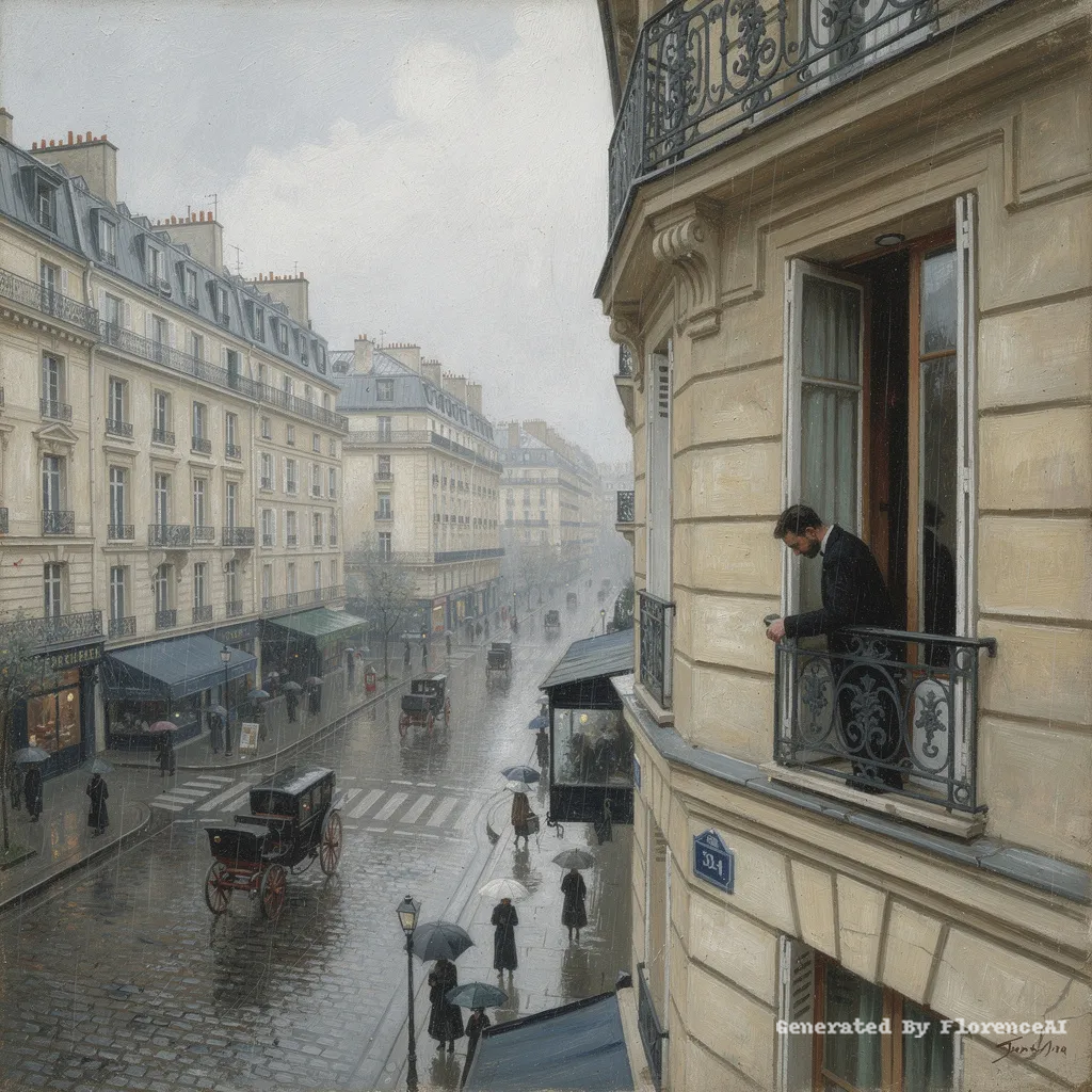 类似卡耶博特《巴黎街景》，高楼之下，一人倚窗静思。