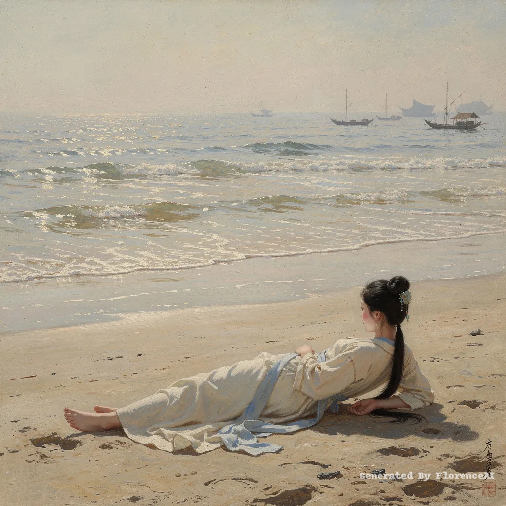 类似 布丹《海滩上的女子》，潮水轻涌，一人静卧沙岸。中国风