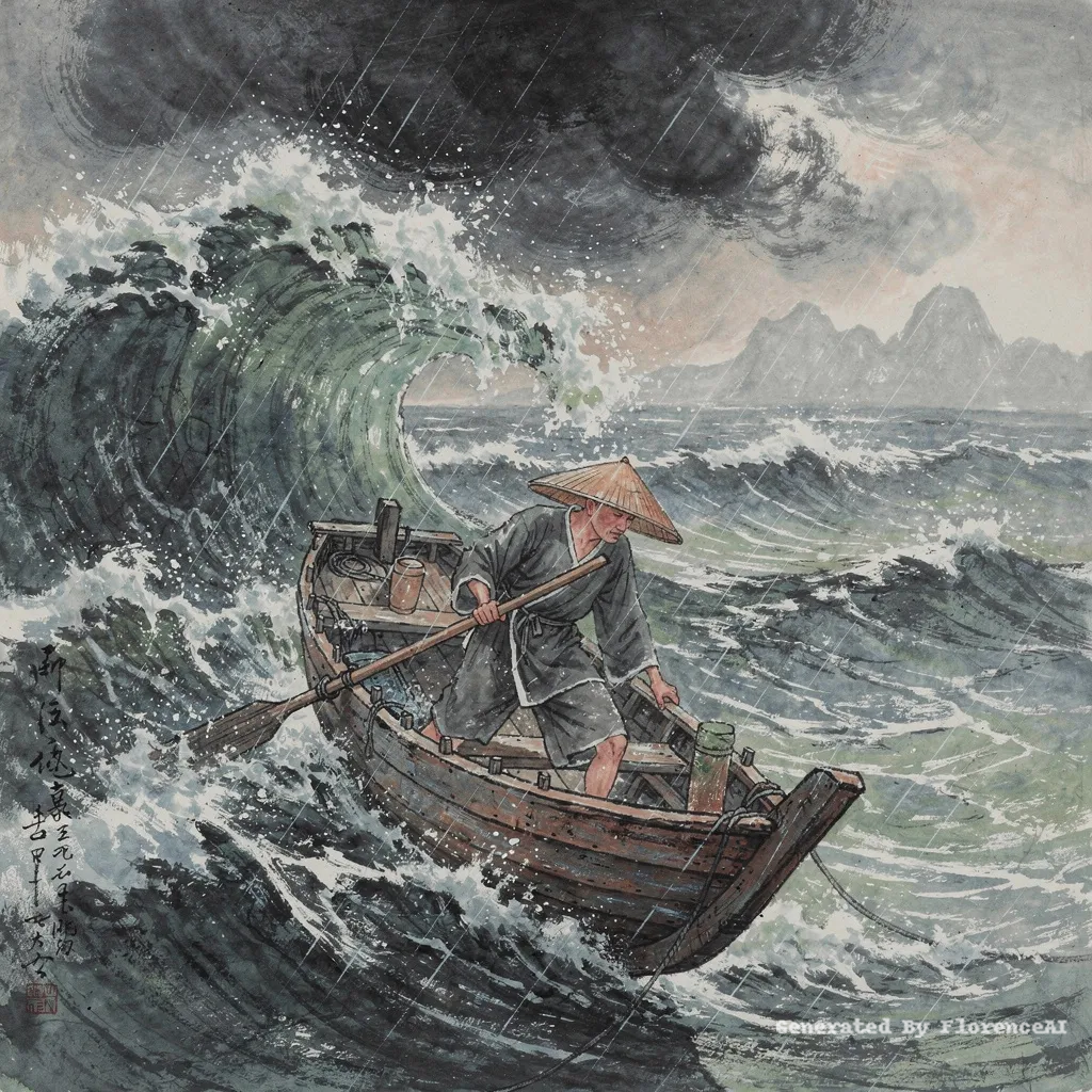 类似 莫奈《风暴中的小船》，浪涛汹涌，一人奋力划桨。中国风