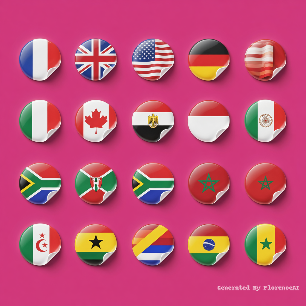 A horizontal row of 16 3D glossy circular national