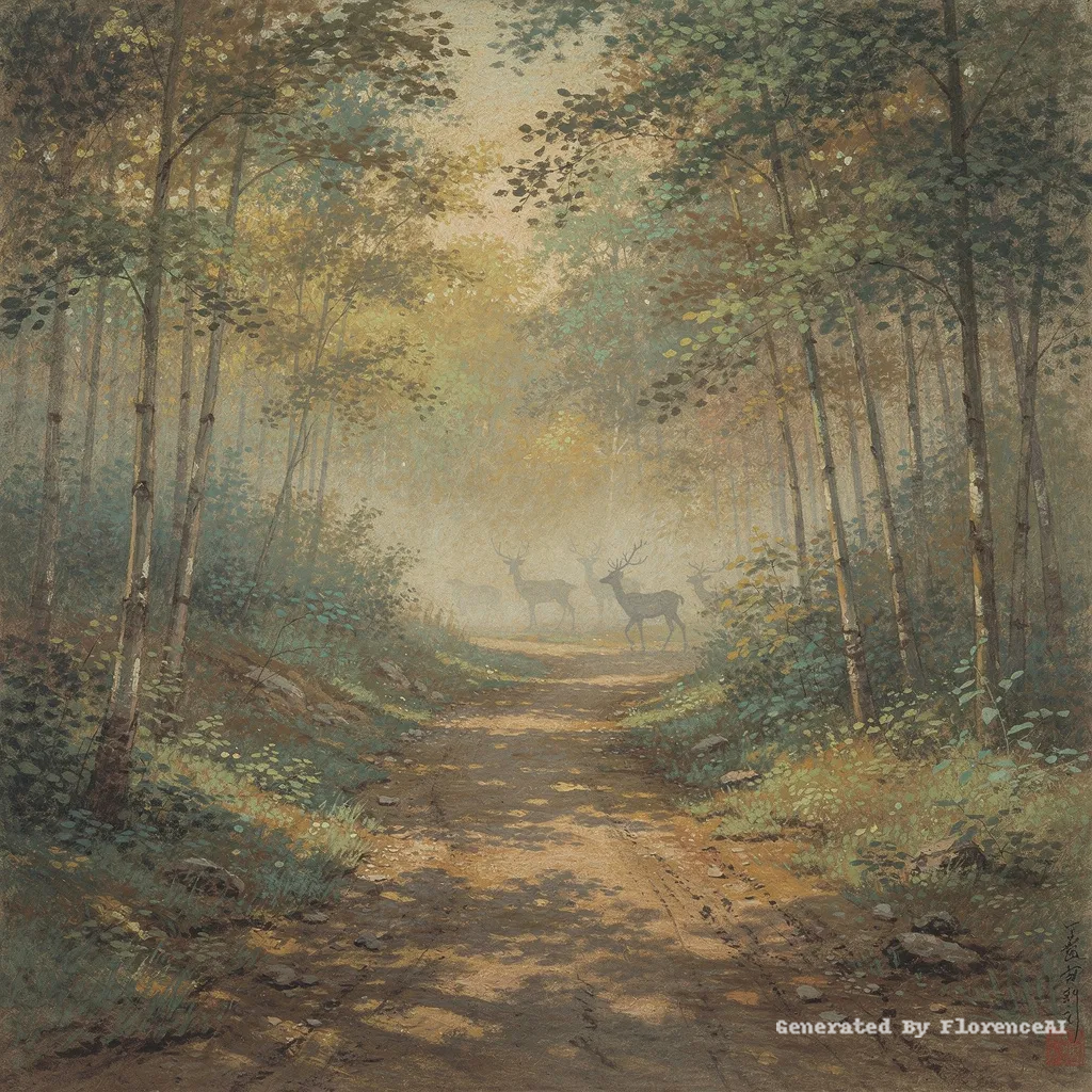 类似 西斯莱《林间小径》，光影斑驳，鹿影隐约。中国风