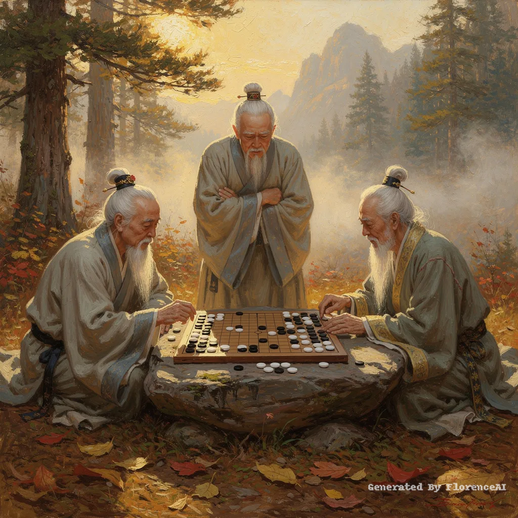 类似  德加《棋局》，二人对弈，观者凝神，光影朦胧。场景 秋日山林 围棋 石头上刻作棋盘  古装中国