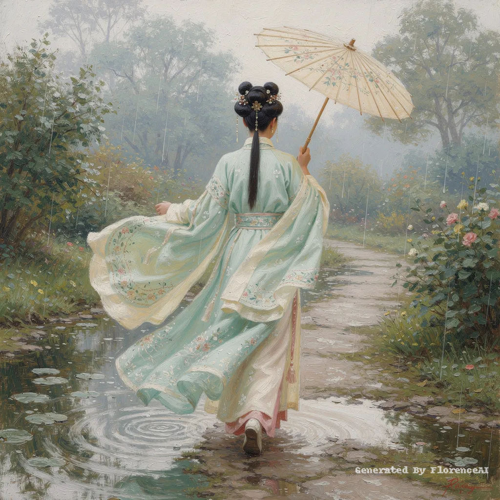 类似  莫奈《撑伞的女子》，雨中漫步，背影从容，天地清润。唐装女子
