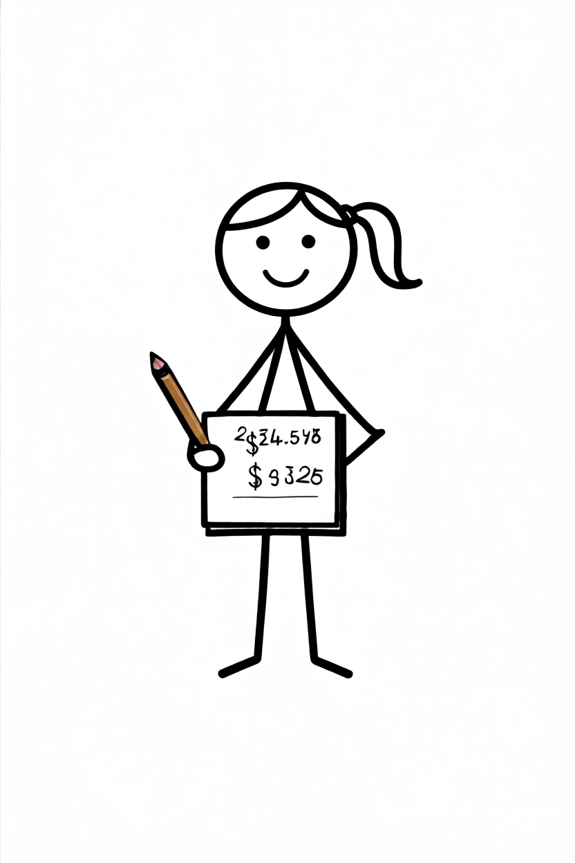 Female stick-figure writing budget numbers in note
