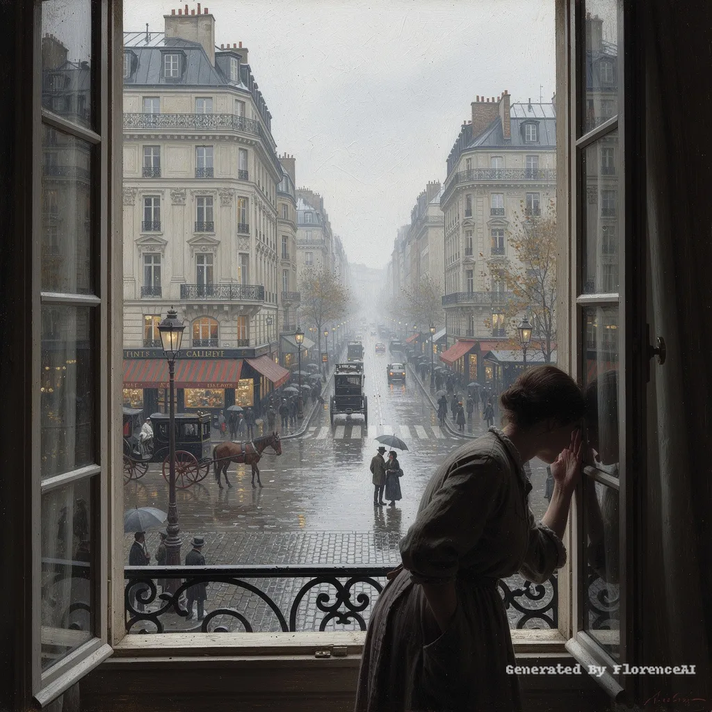 类似卡耶博特《巴黎街景》，高楼之下，一人倚窗静思。