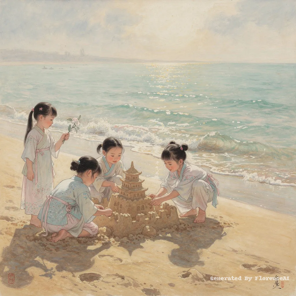 类似  雷诺阿《沙滩上的孩童》，孩子垒沙，海浪轻涌。中国风