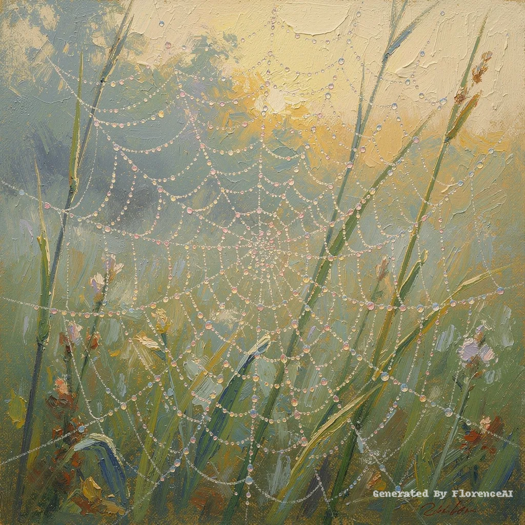 类似  莫奈《蛛网上的露珠》，晨光中露水晶莹，蛛丝轻悬。